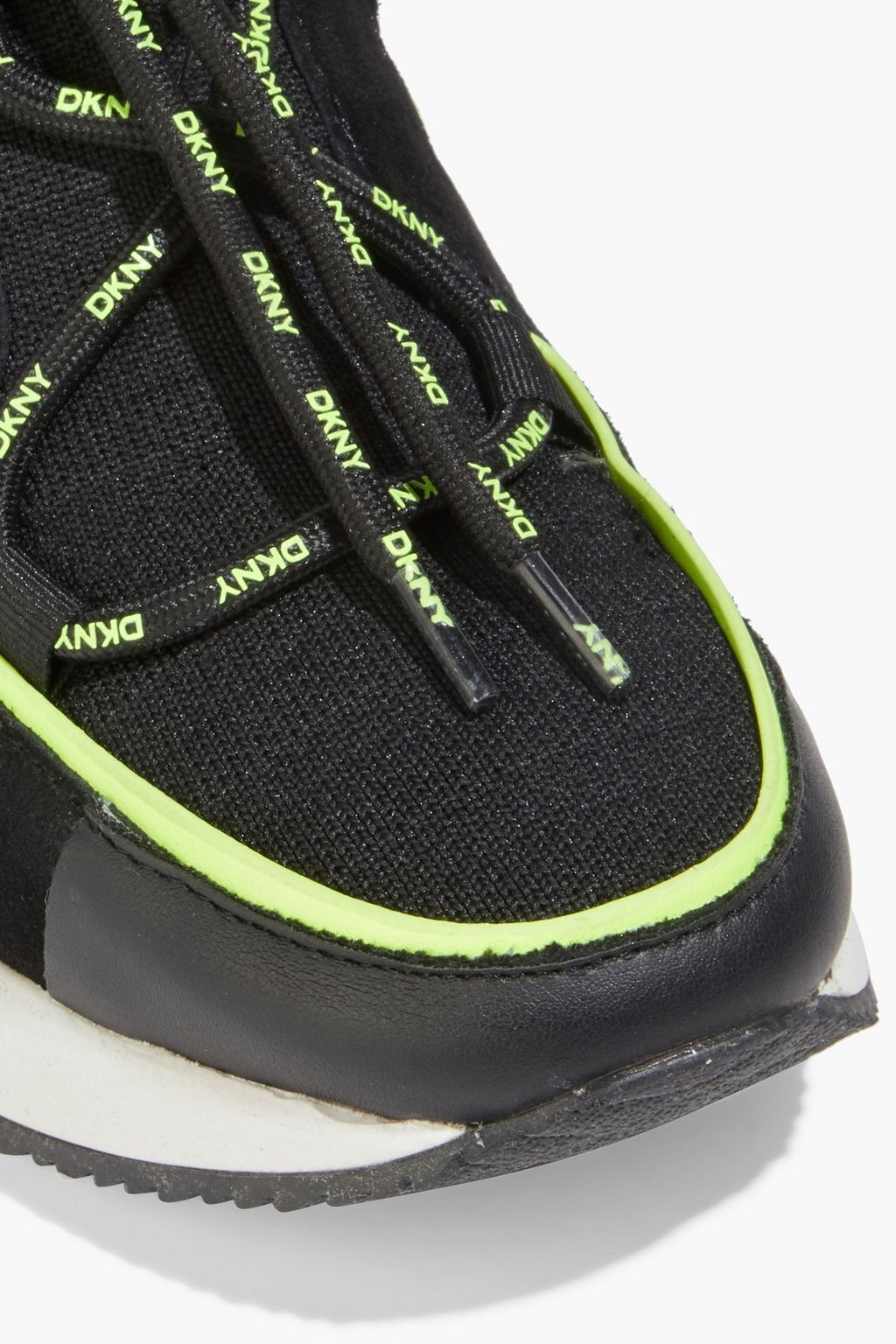 DKNY Brigette faux leather and suede-trimmed stretch-knit wedge sneakers