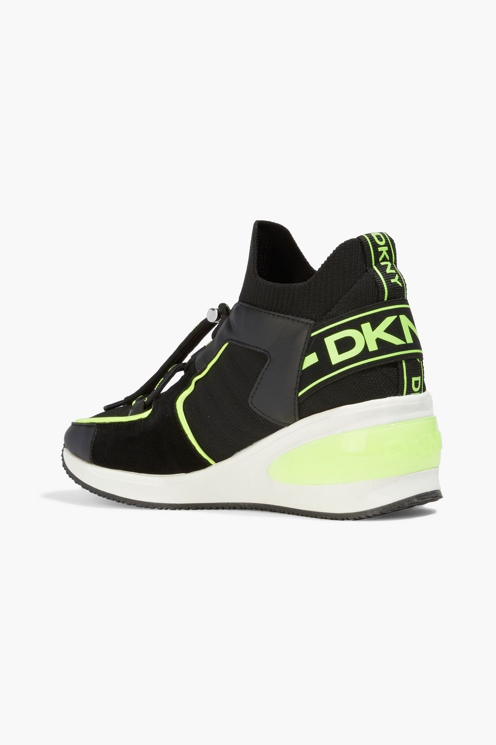 DKNY Brigette faux leather and suede-trimmed stretch-knit wedge sneakers