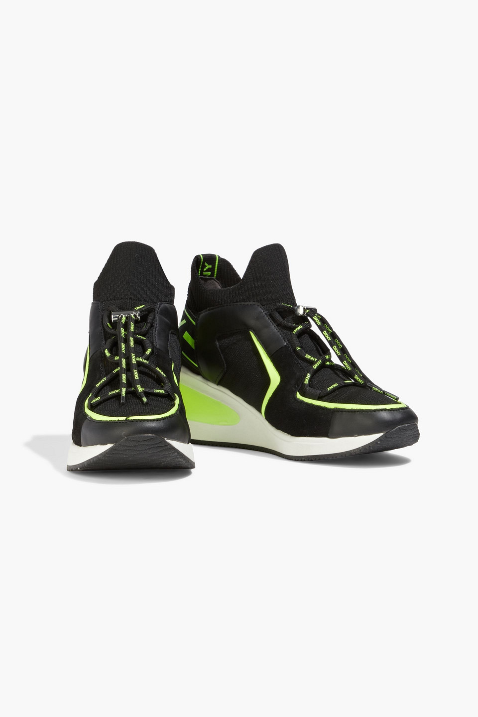 Dkny Brigette Faux Leather And Suede-trimmed Stretch-knit Wedge Trainers In Blk/ Neon G