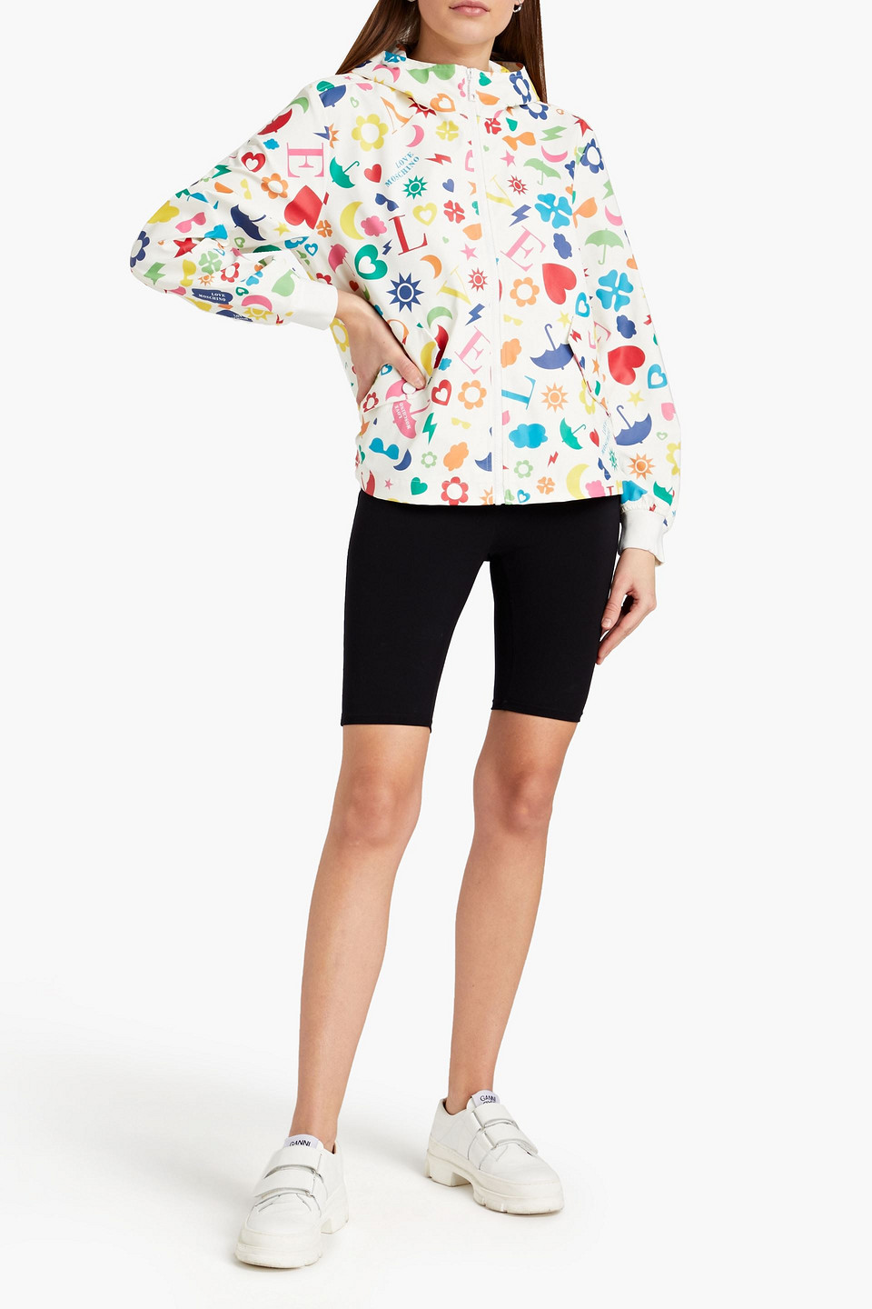 Love Moschino Printed Coated Woven Hooded Jacket In White