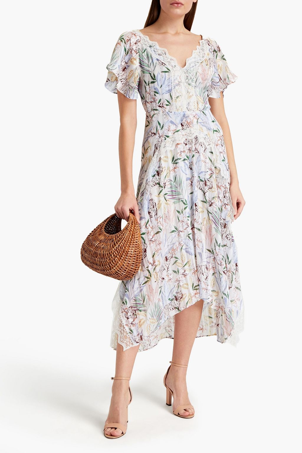 MAJE Lace-trimmed floral-print crepon midi dress