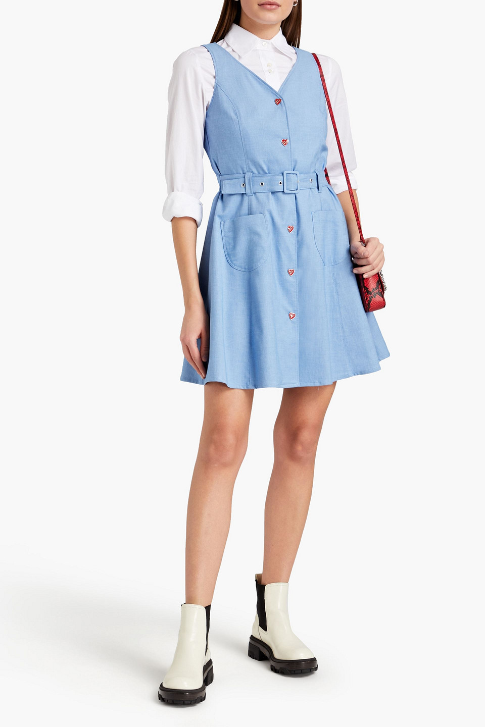 Love Moschino Gathered Belted Piqué Mini Dress