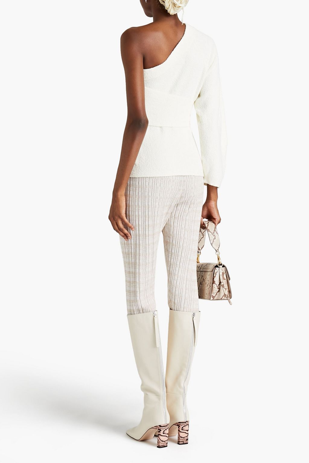 NANUSHKA One-sleeve bouclé-knit cotton-blend top