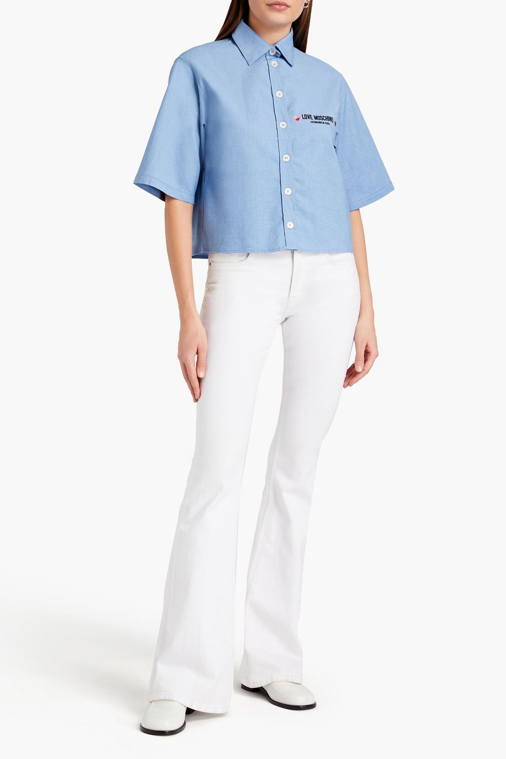 LOVE MOSCHINO Cropped printed stretch-cotton poplin shirt