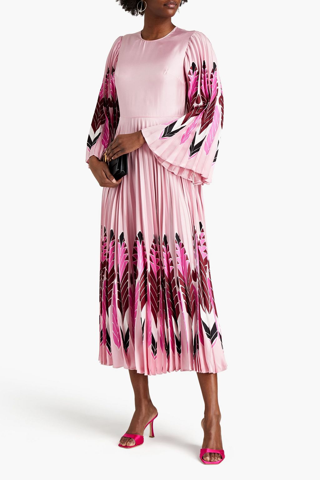 VALENTINO GARAVANI Pleated printed silk-satin midi dress
