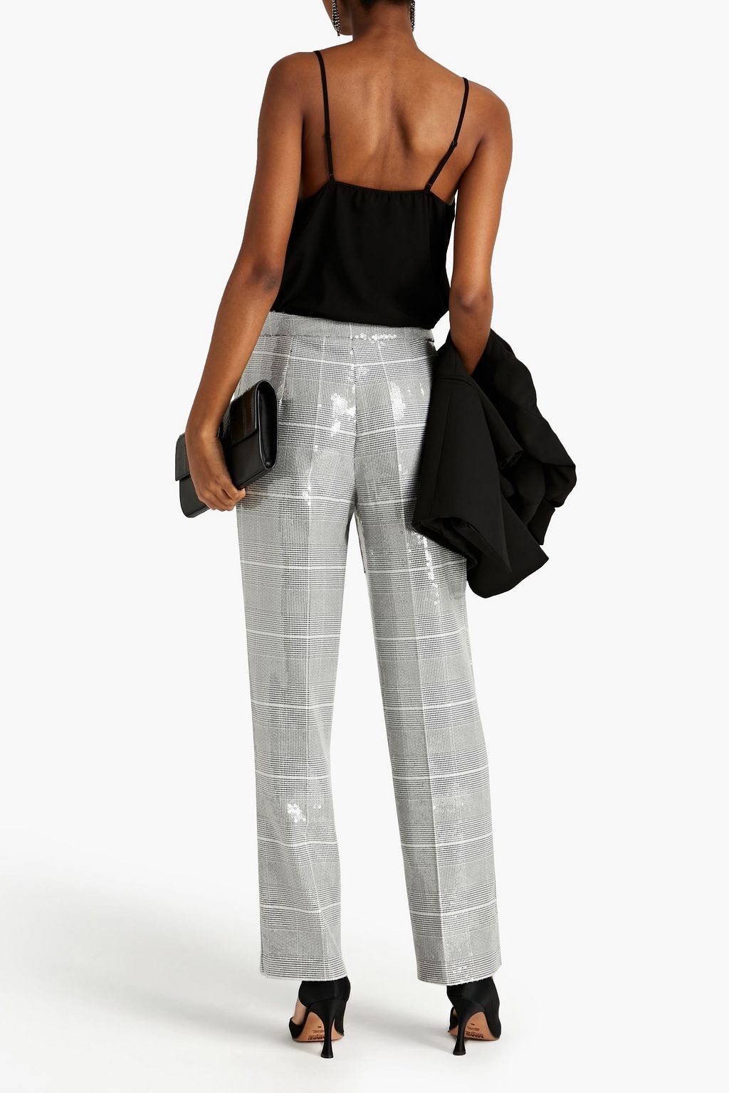 RASARIO Sequin-embellished Prince of Wales checked woven straight-leg pants