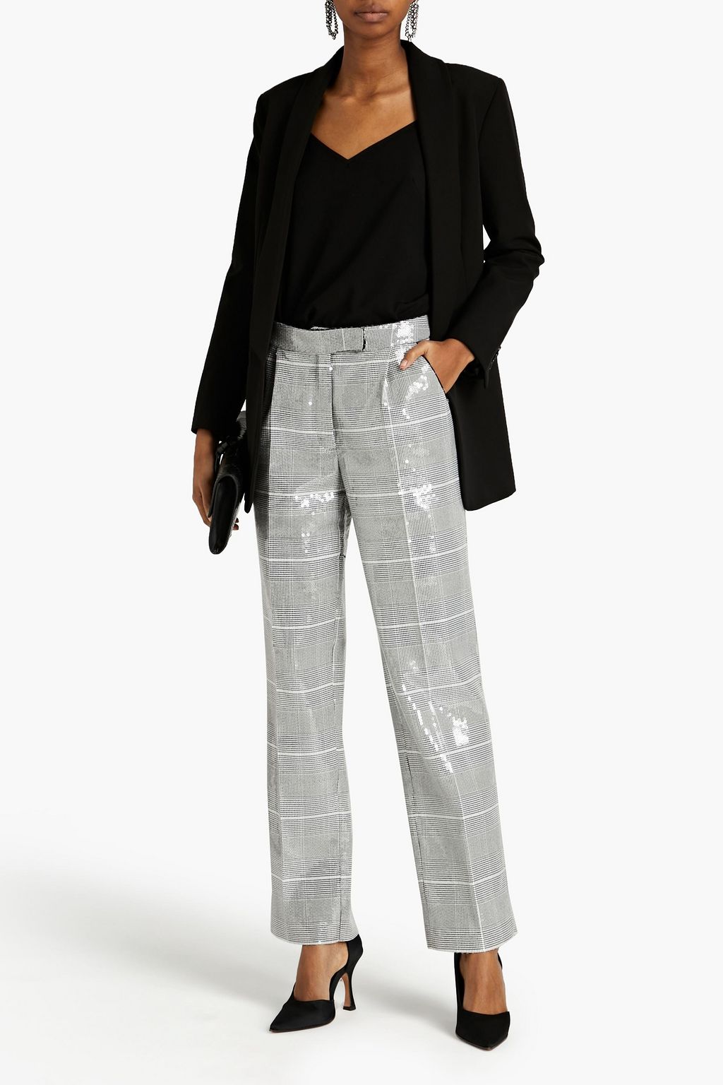 RASARIO Sequin-embellished Prince of Wales checked woven straight-leg pants