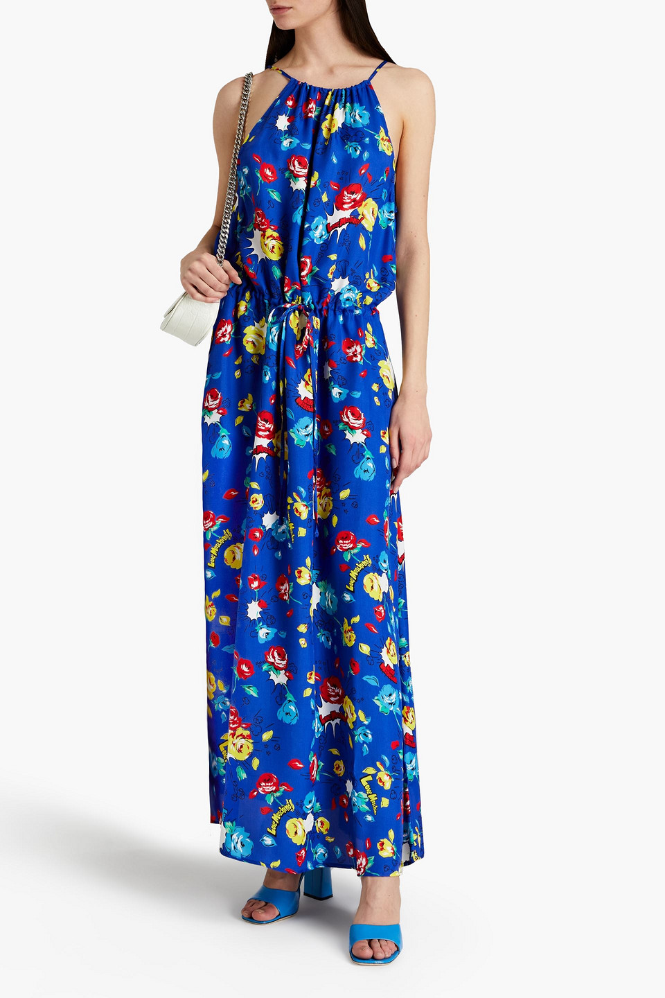 Love Moschino Gathered Printed Satin-twill Maxi Dress In Blue