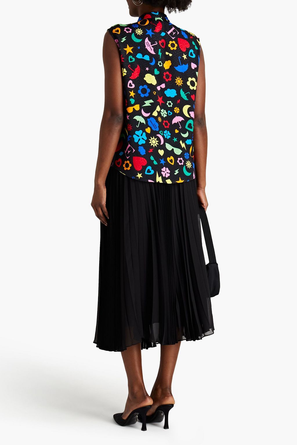 LOVE MOSCHINO Pussy-bow printed satin-jacquard shirt
