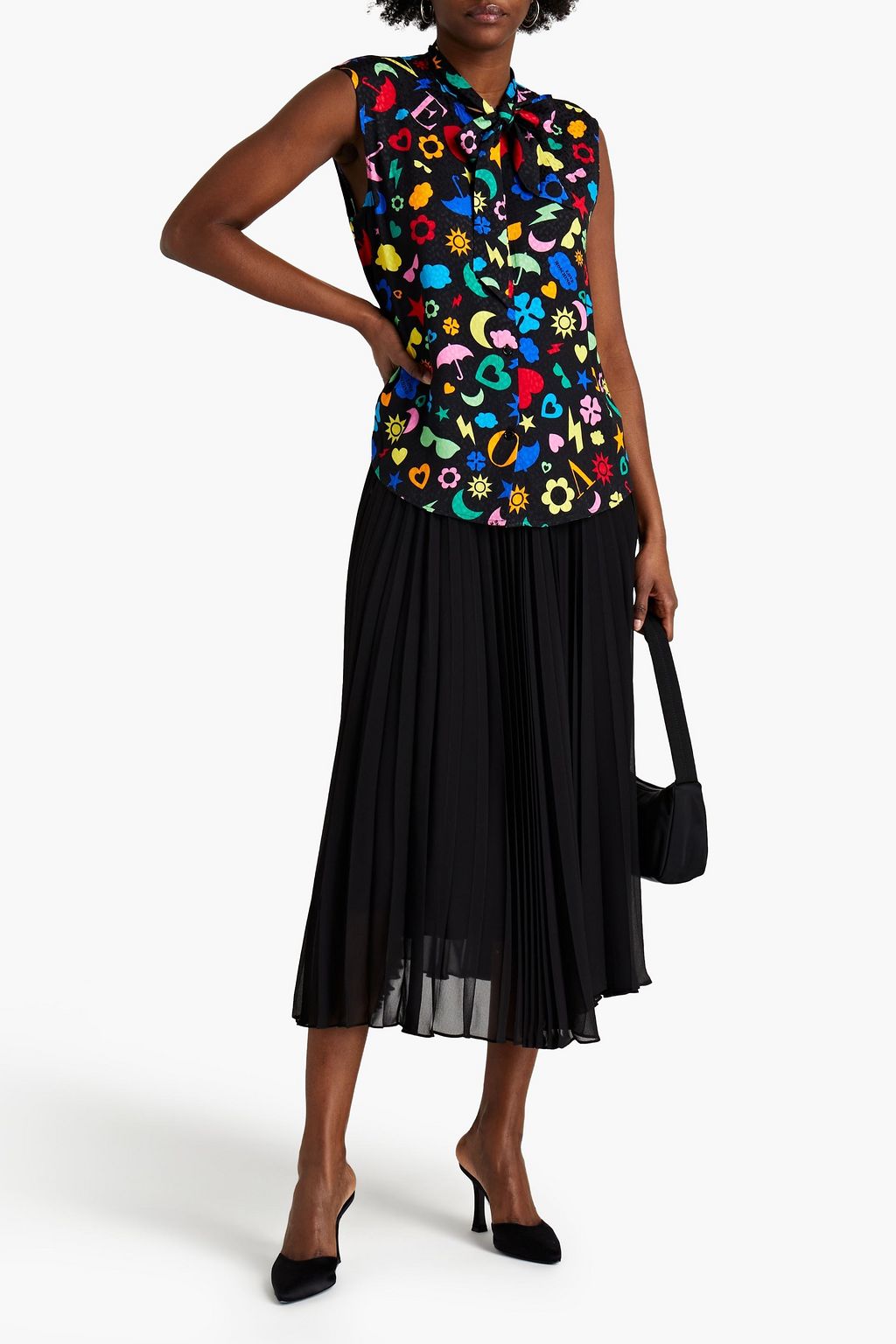 LOVE MOSCHINO Pussy-bow printed satin-jacquard shirt