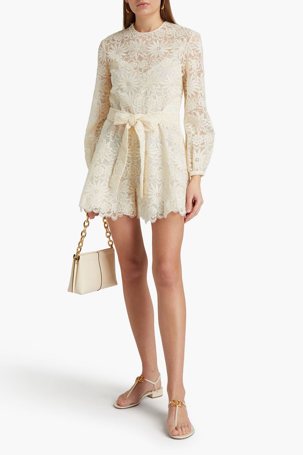 VALENTINO GARAVANI Belted embroidered cotton-blend playsuit