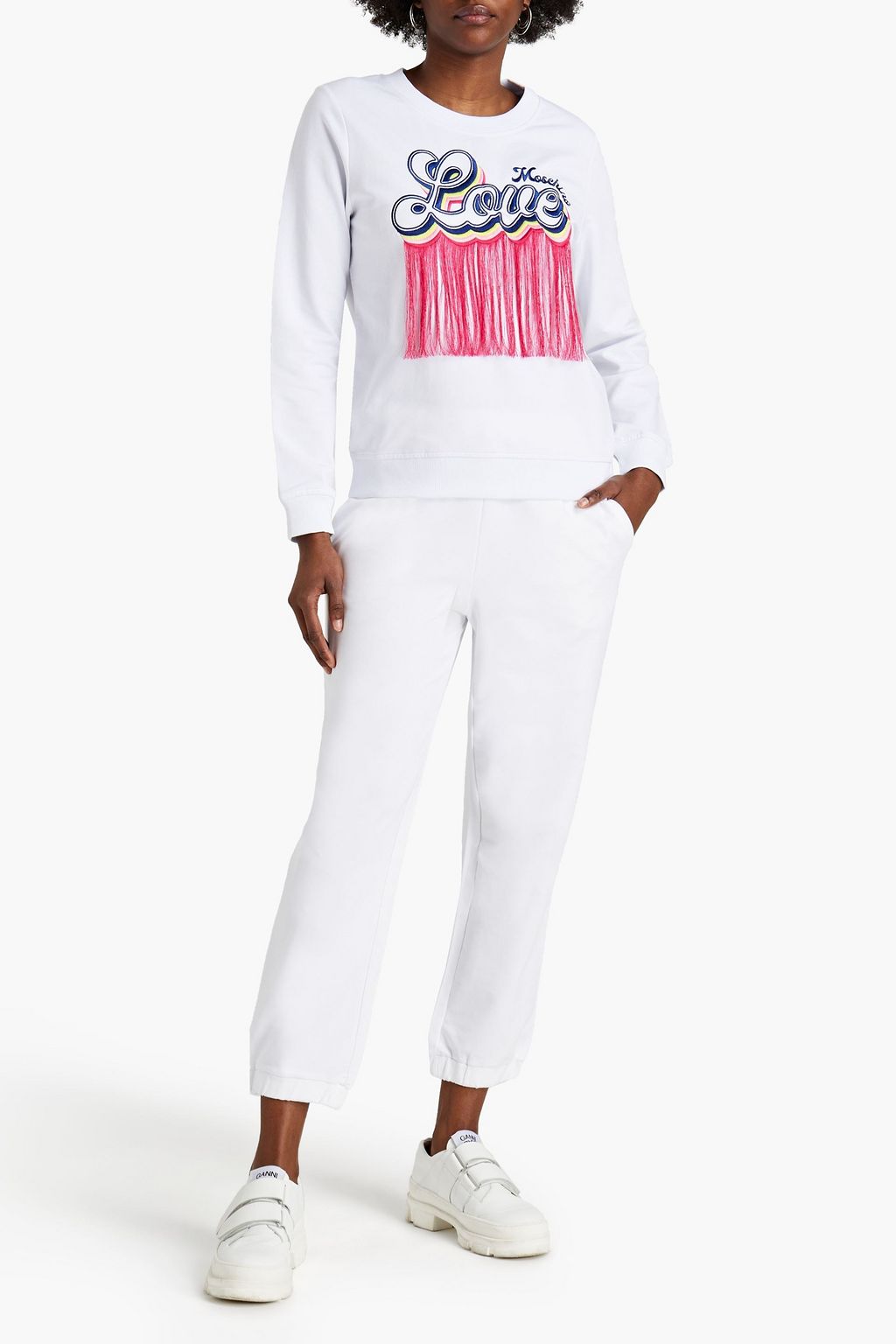 LOVE MOSCHINO Cropped glittered French cotton-blend terry track pants