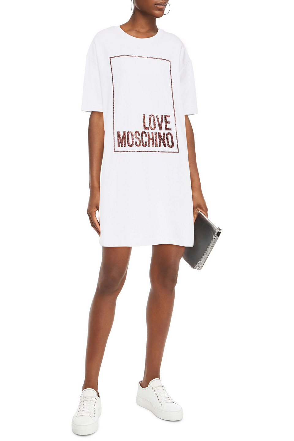 Love Moschino Glittered Cotton-blend Jersey Mini Dress In White