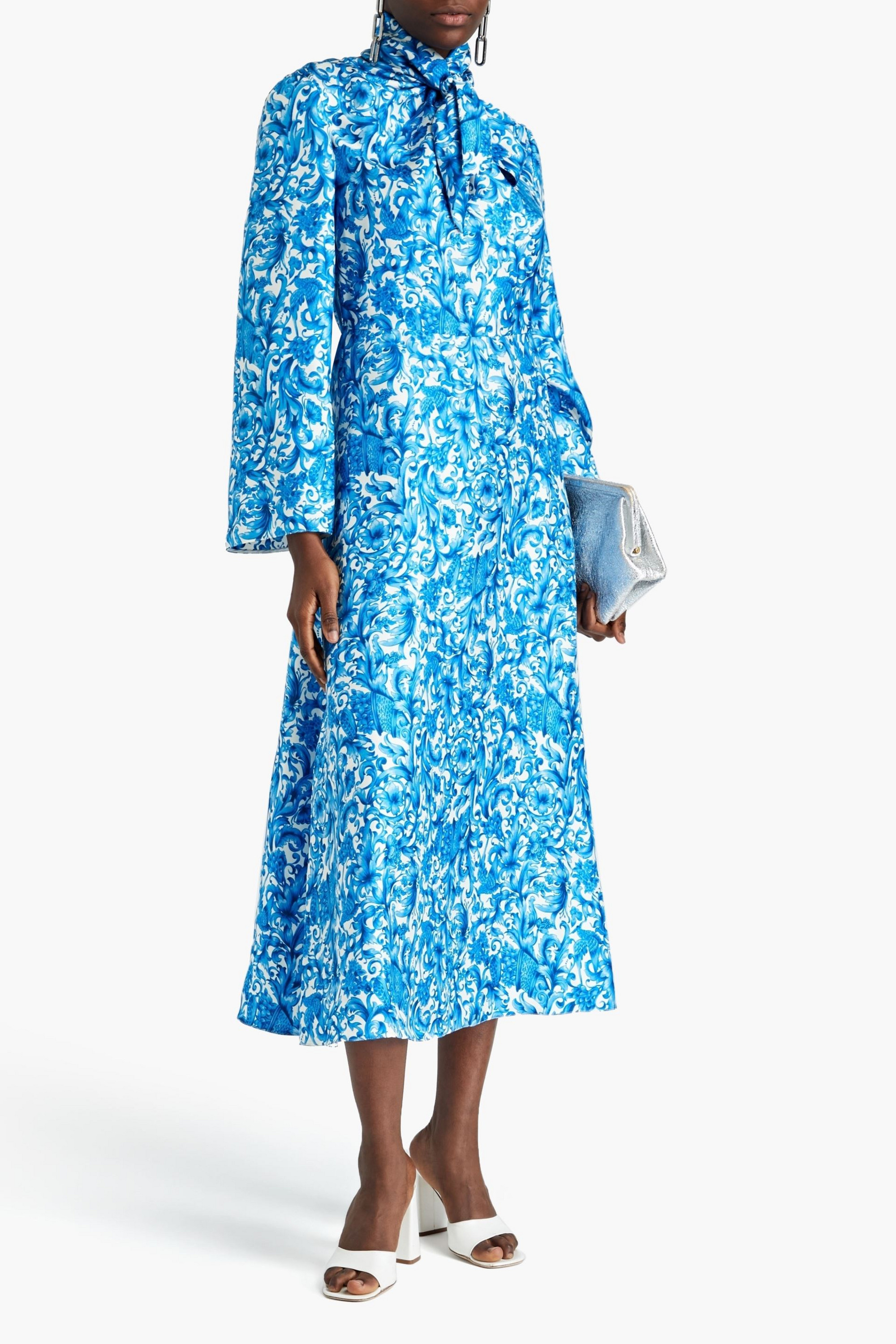 Valentino Garavani Pussy-bow floral-print silk-twill midi dress