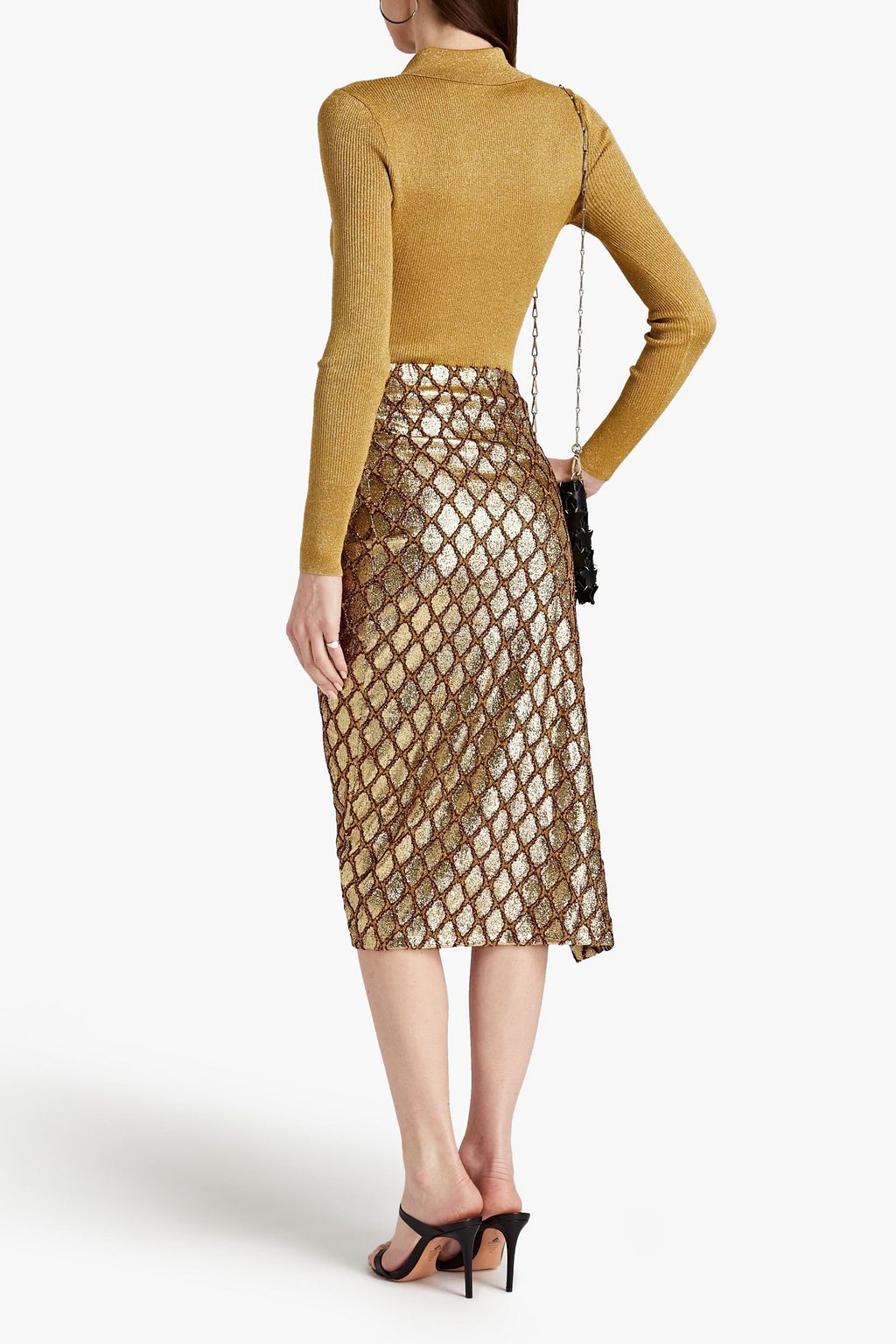 RABANNE Asymmetric pleated metallic fil coupé jacquard midi skirt