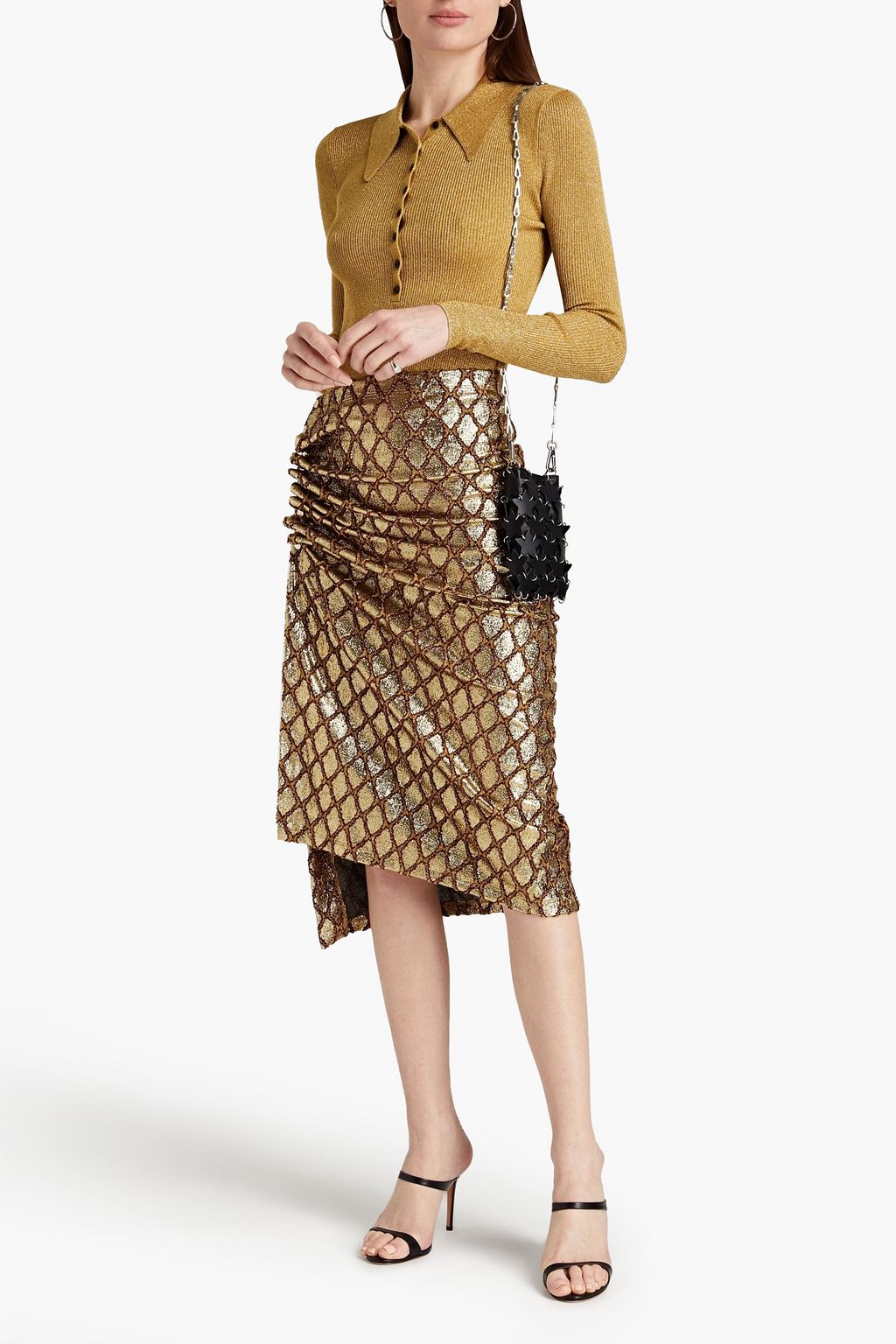 RABANNE Asymmetric pleated metallic fil coupé jacquard midi skirt