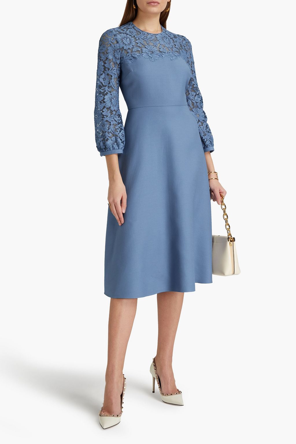 VALENTINO GARAVANI Lace-paneled wool and silk-blend crepe midi dress