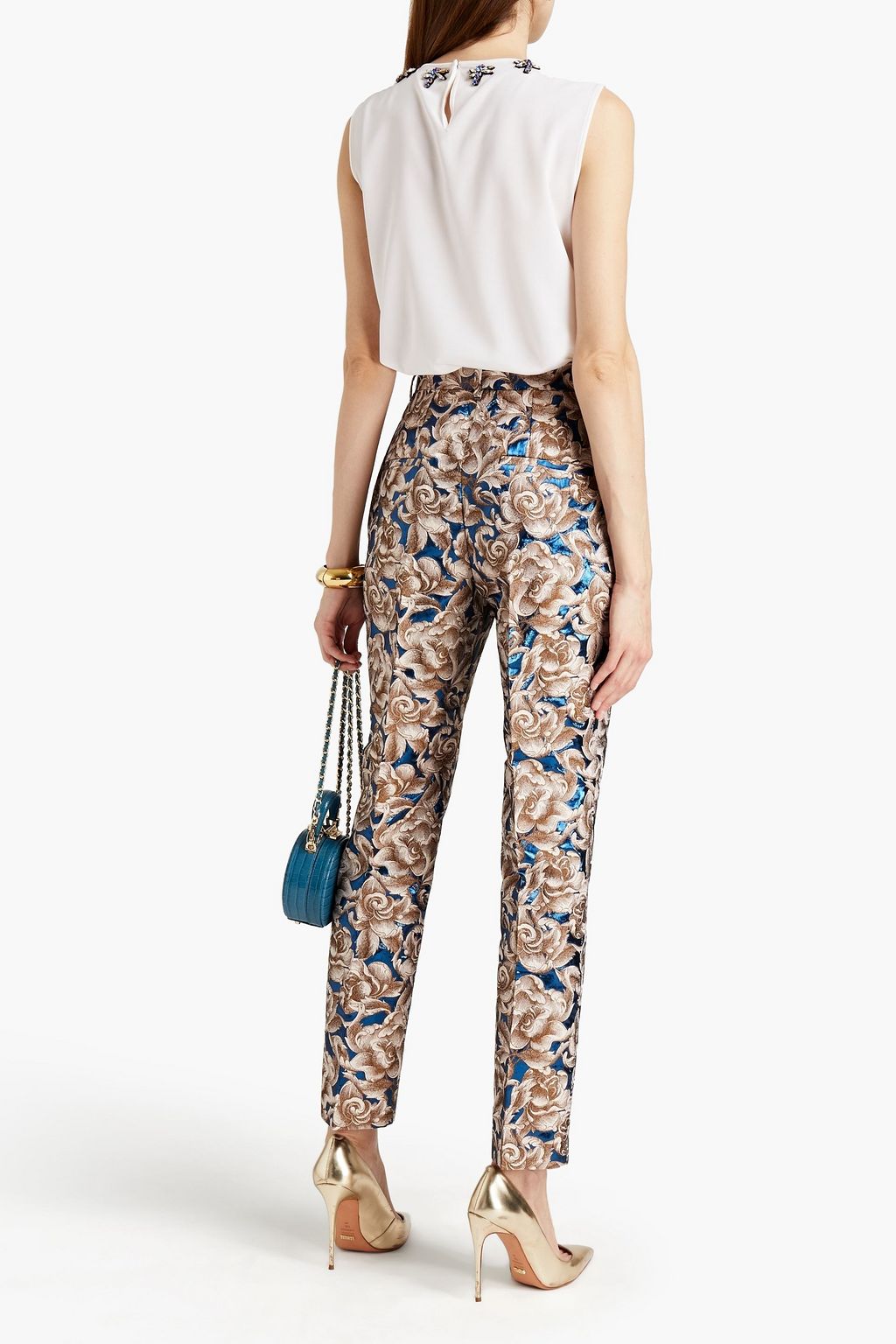 DOLCE&GABBANA Metallic-trimmed floral-jacquard tapered pants