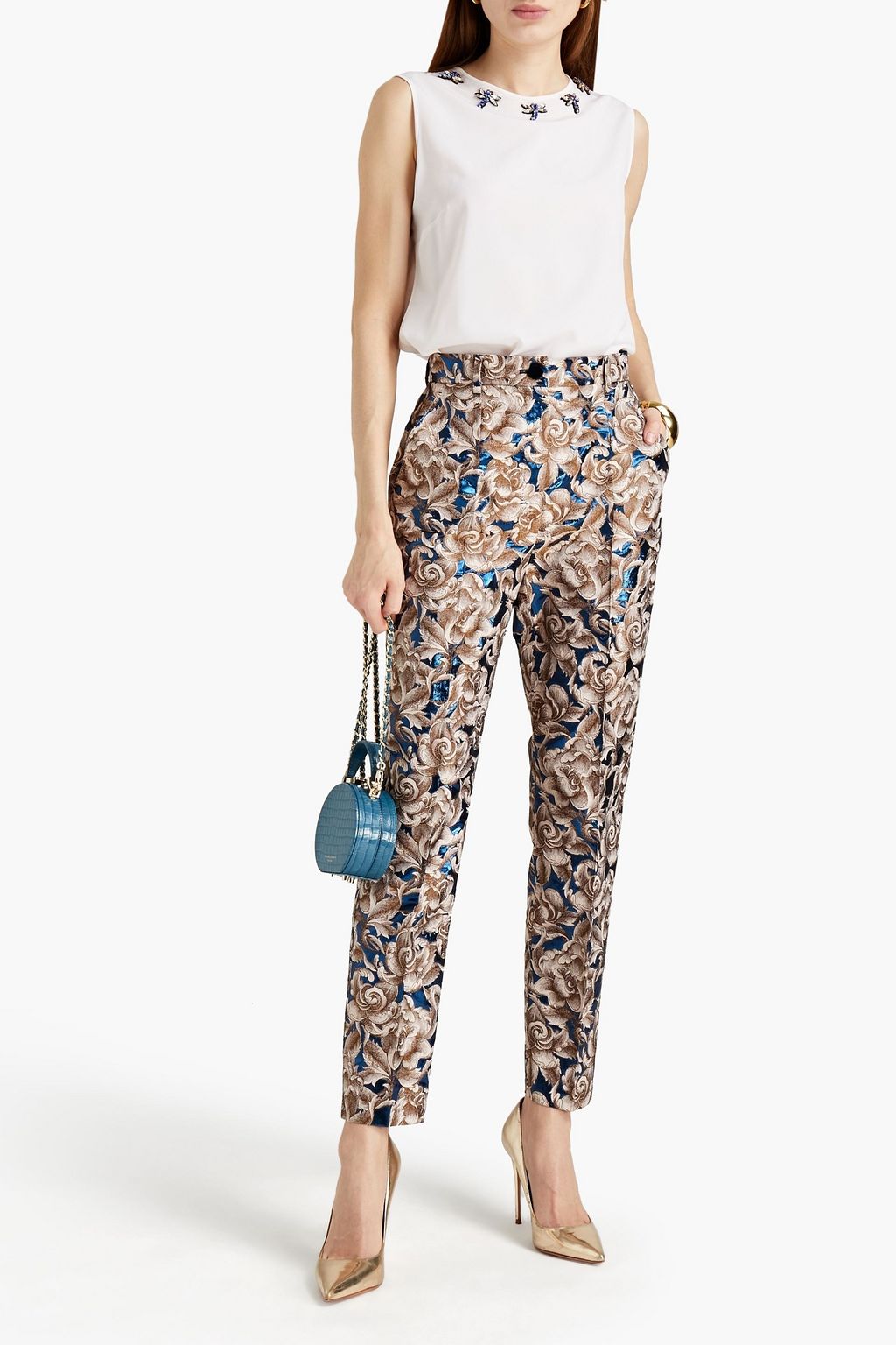 DOLCE&GABBANA Metallic-trimmed floral-jacquard tapered pants