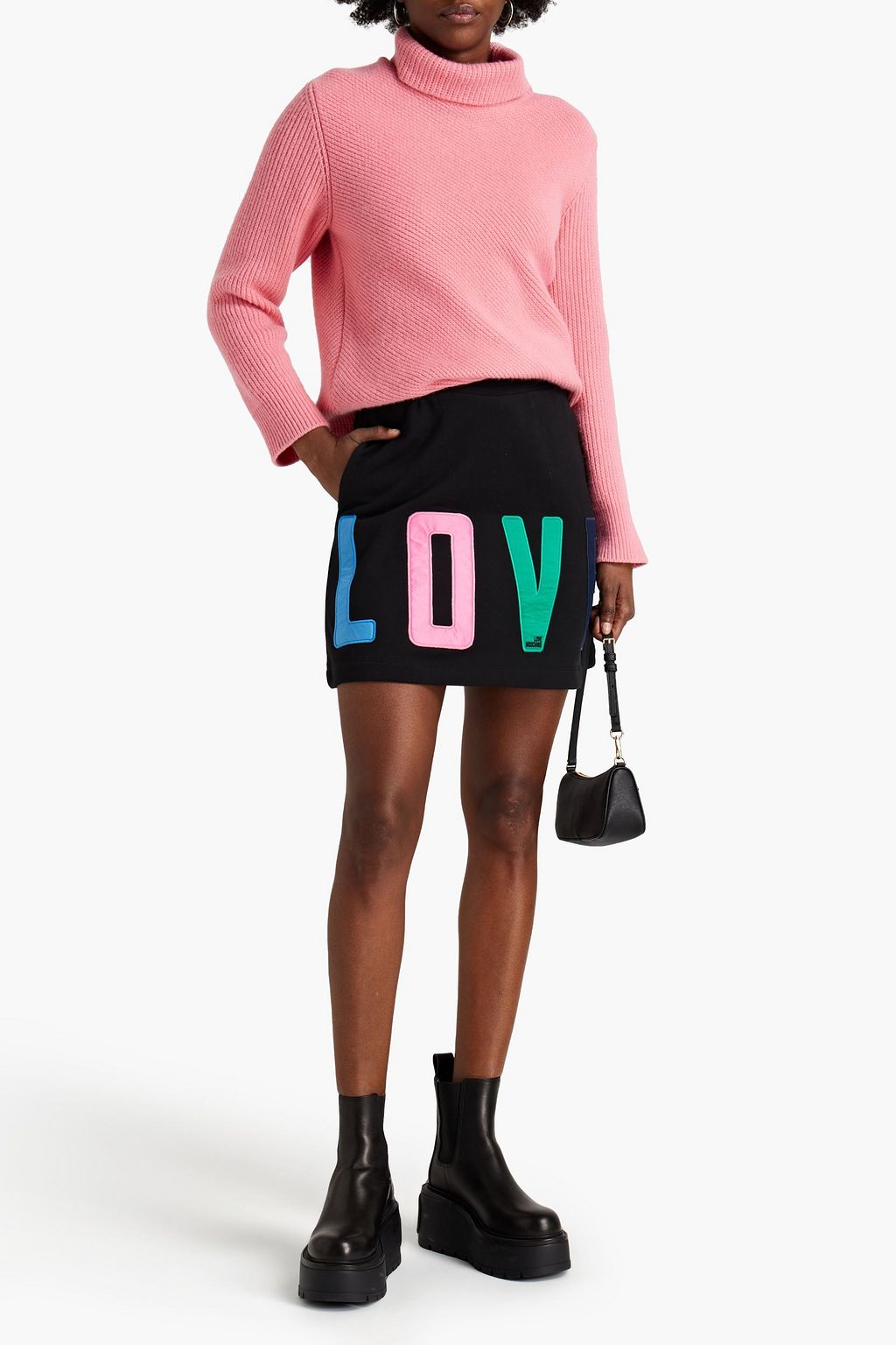 LOVE MOSCHINO Appliquéd French cotton-terry mini skirt