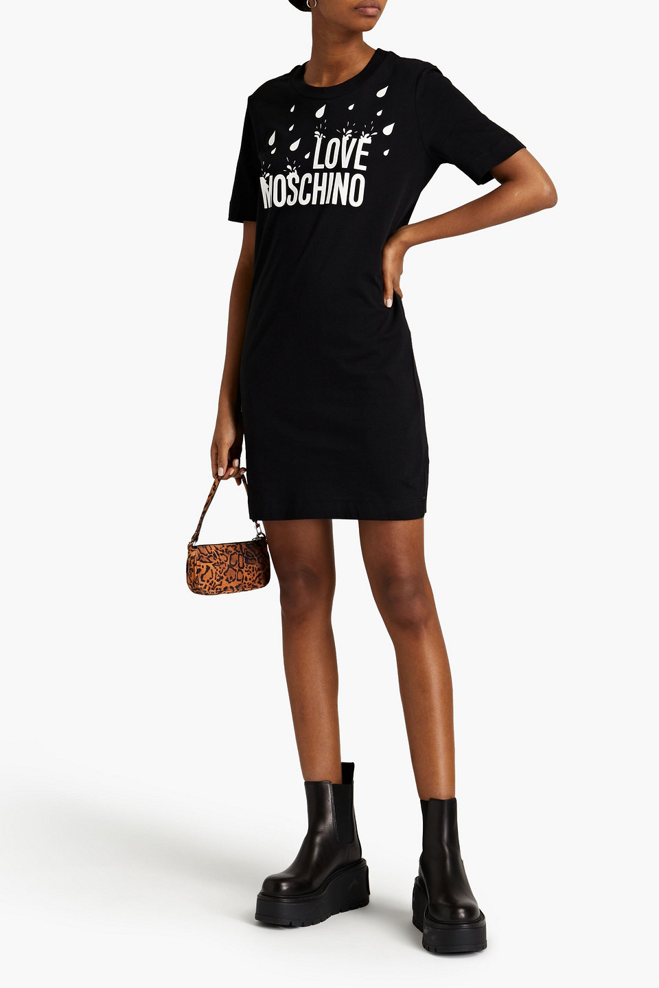 Love Moschino Printed Cotton-jersey Mini Dress In Black