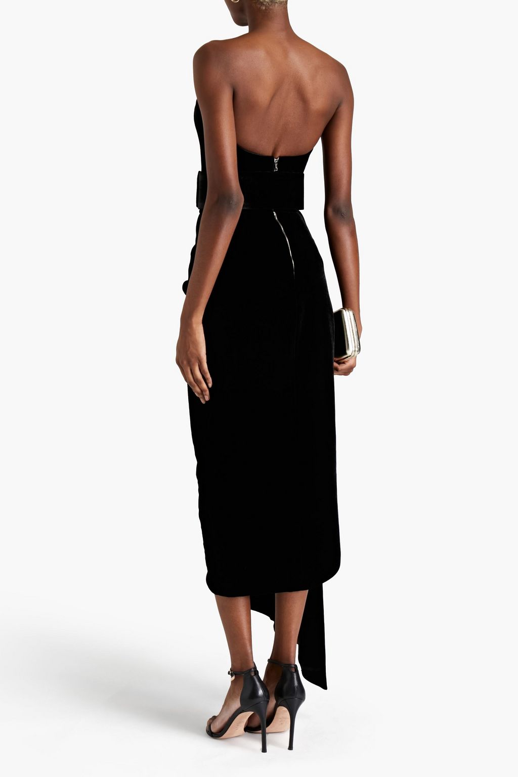 RASARIO Strapless draped belted velvet midi dress