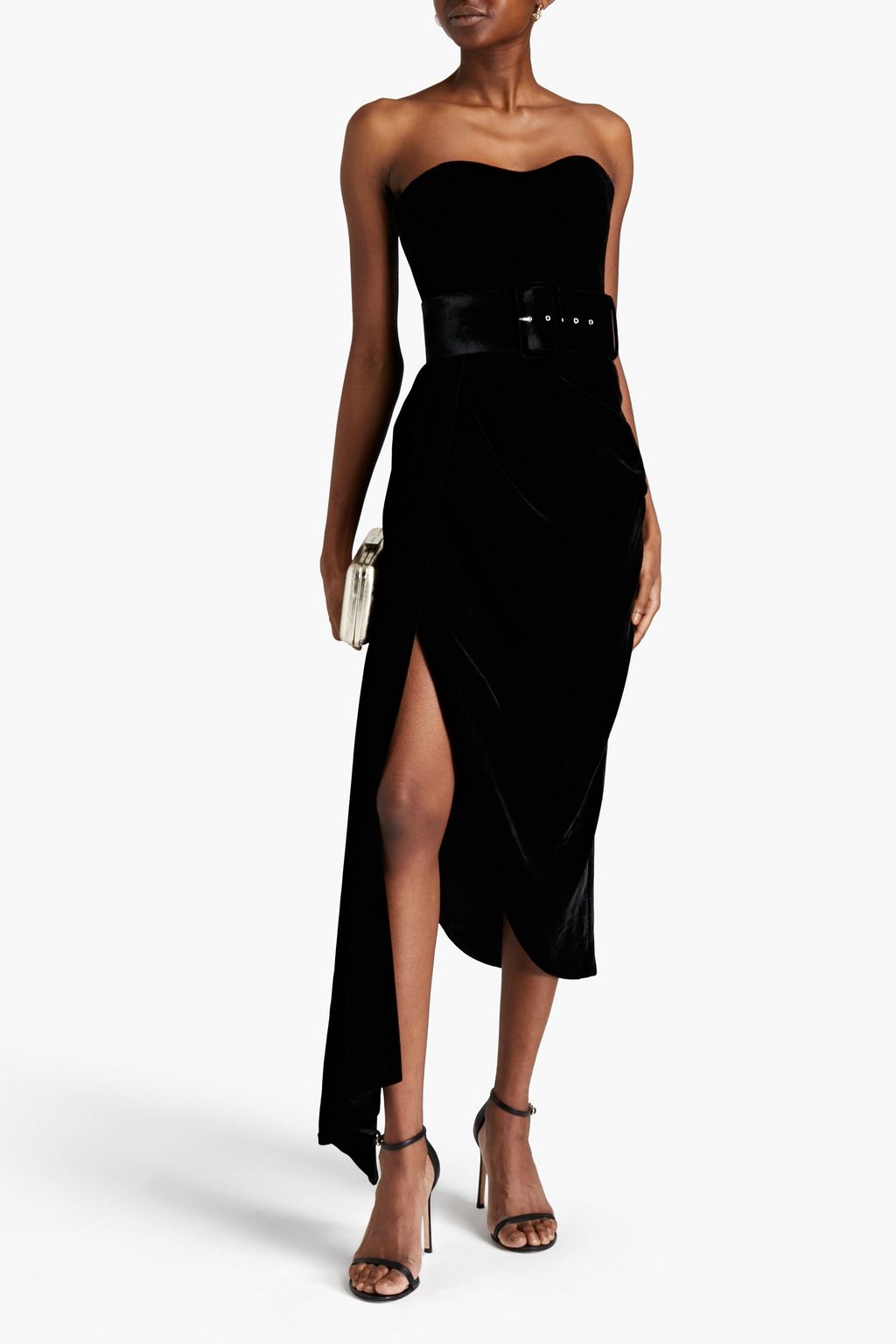 RASARIO Strapless draped belted velvet midi dress