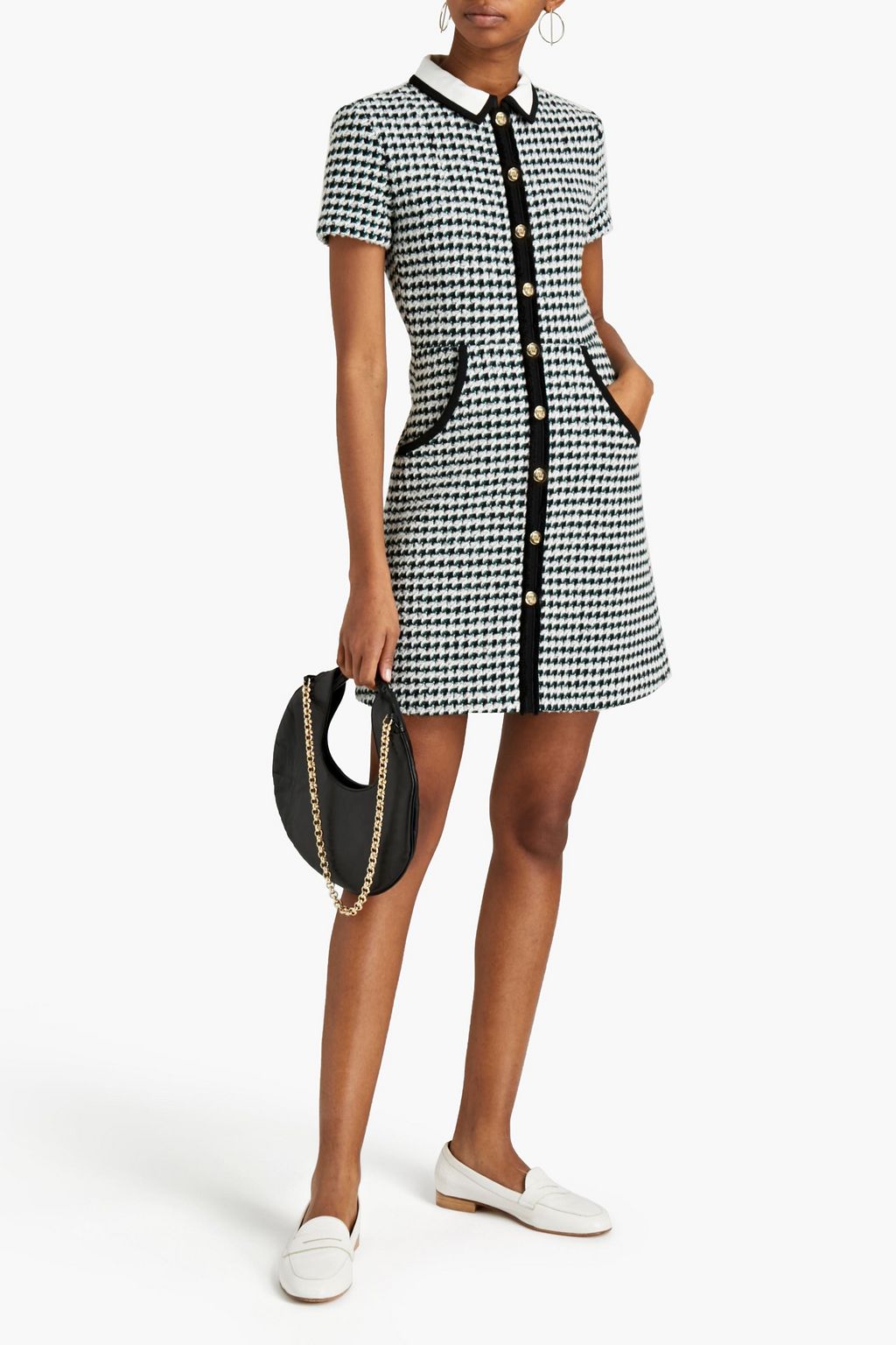 MAJE Velvet-trimmed cotton-blend tweed mini shirt dress