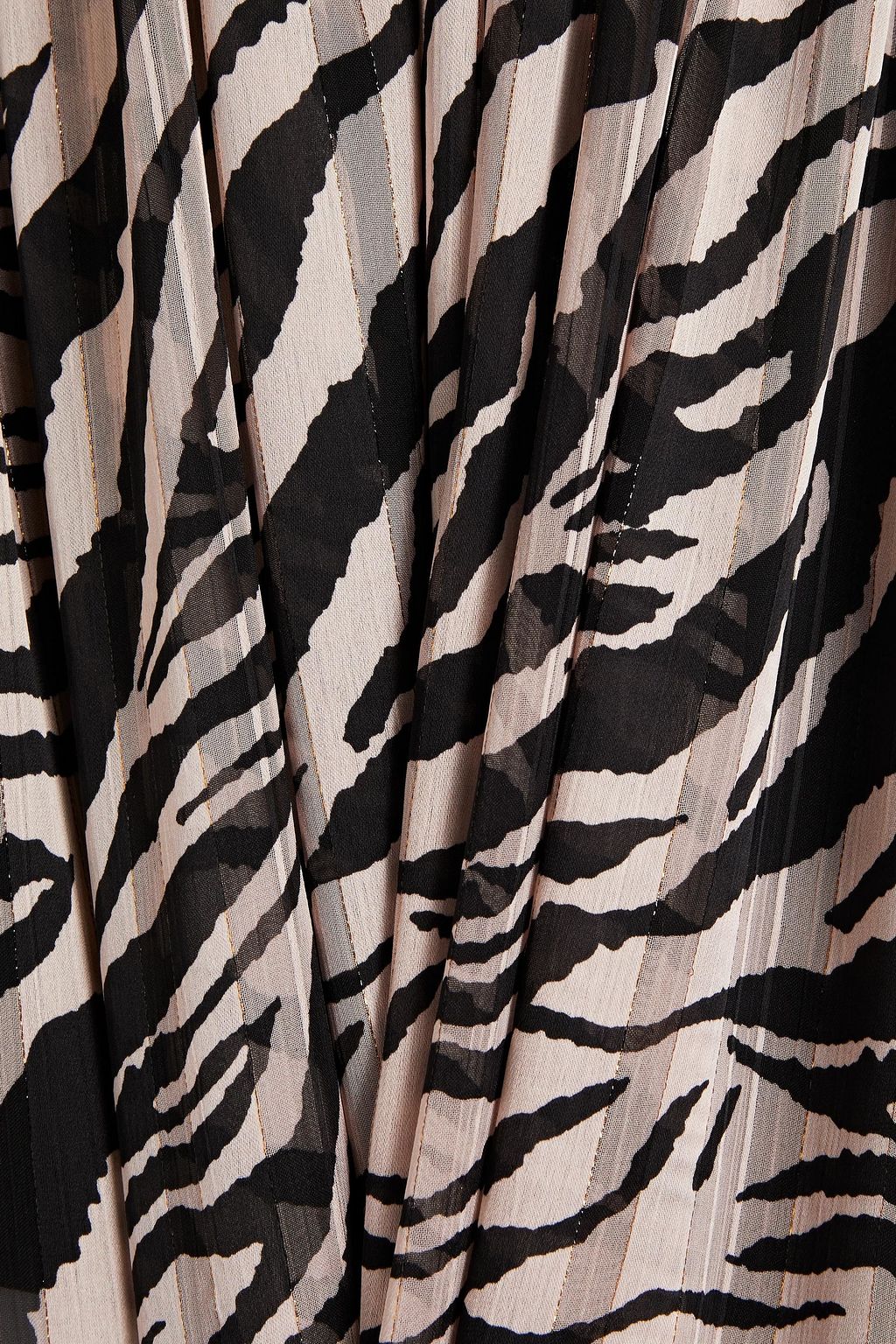 RASARIO Organza-paneled pleated zebra-print chiffon maxi dress