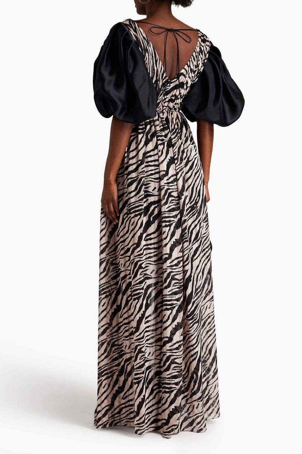 RASARIO Organza-paneled pleated zebra-print chiffon maxi dress
