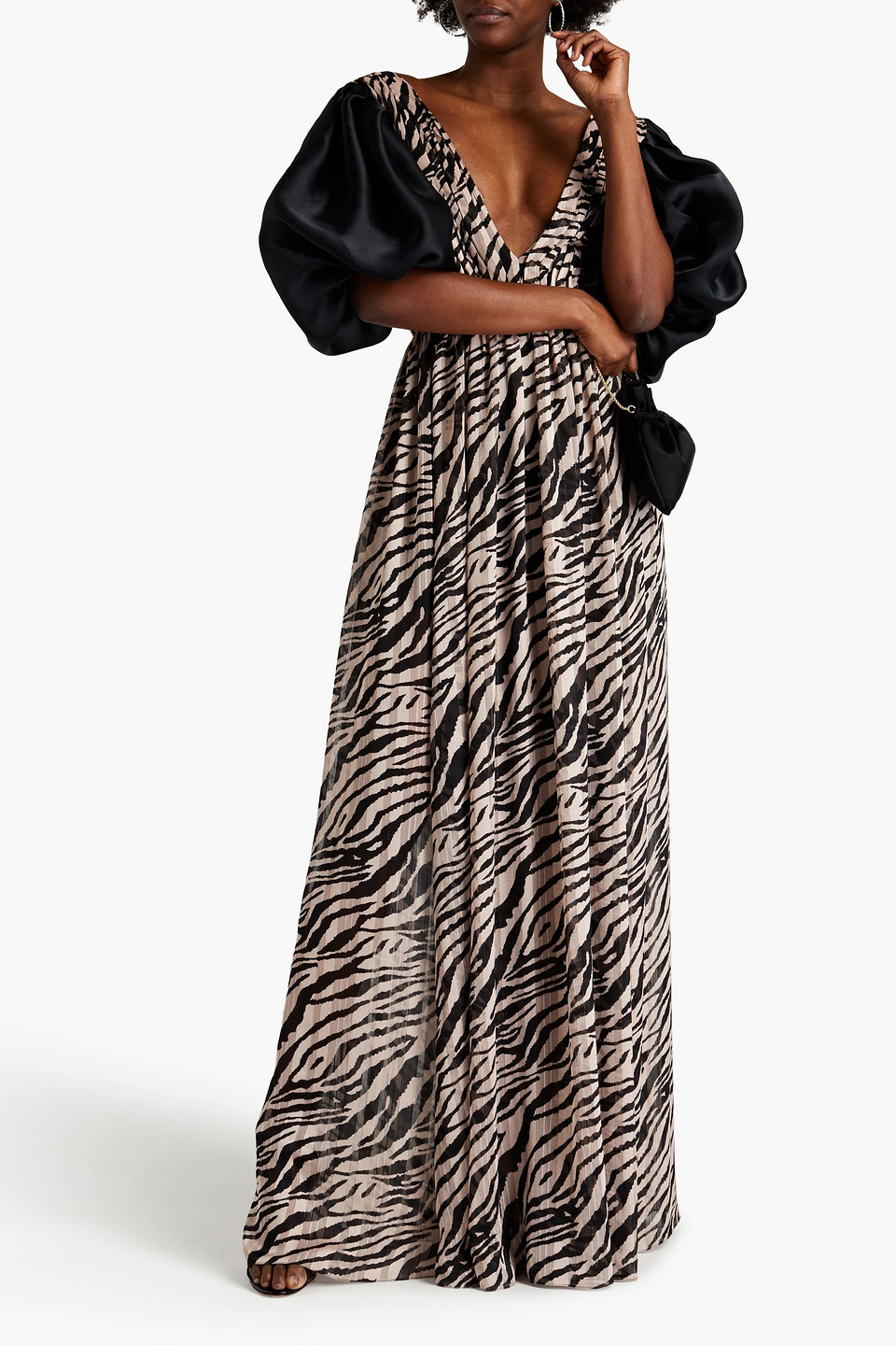 Rasario Organza-paneled Pleated Zebra-print Chiffon Maxi Dress In Multi