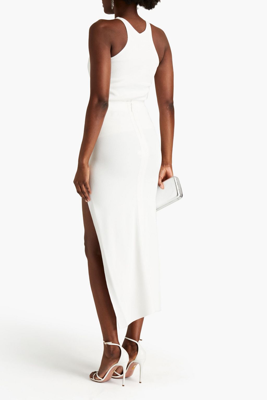 HERVÉ LÉGER Split-front ribbed-knit midi skirt