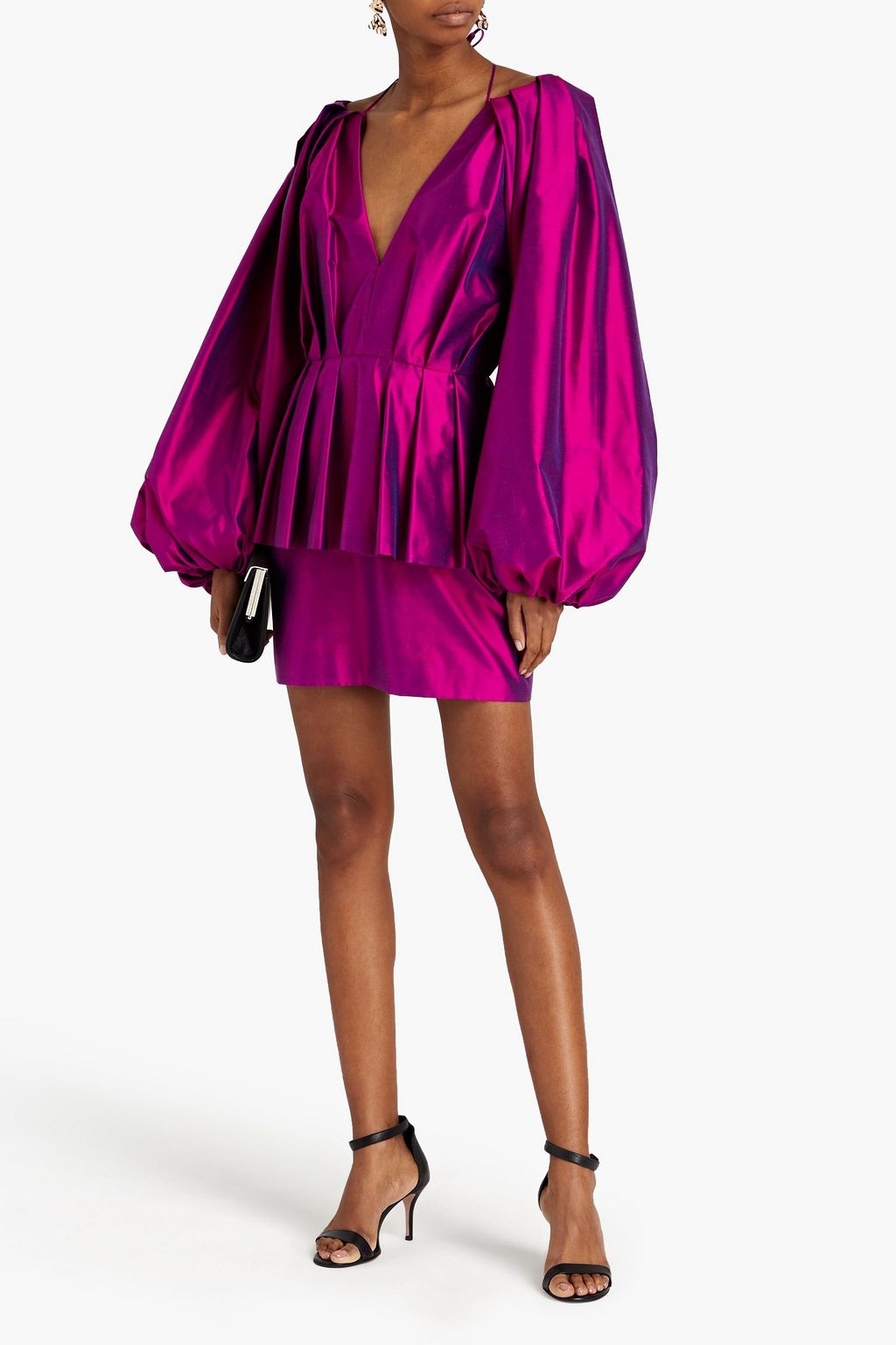 RASARIO Layered pleated silk-shantung mini dress