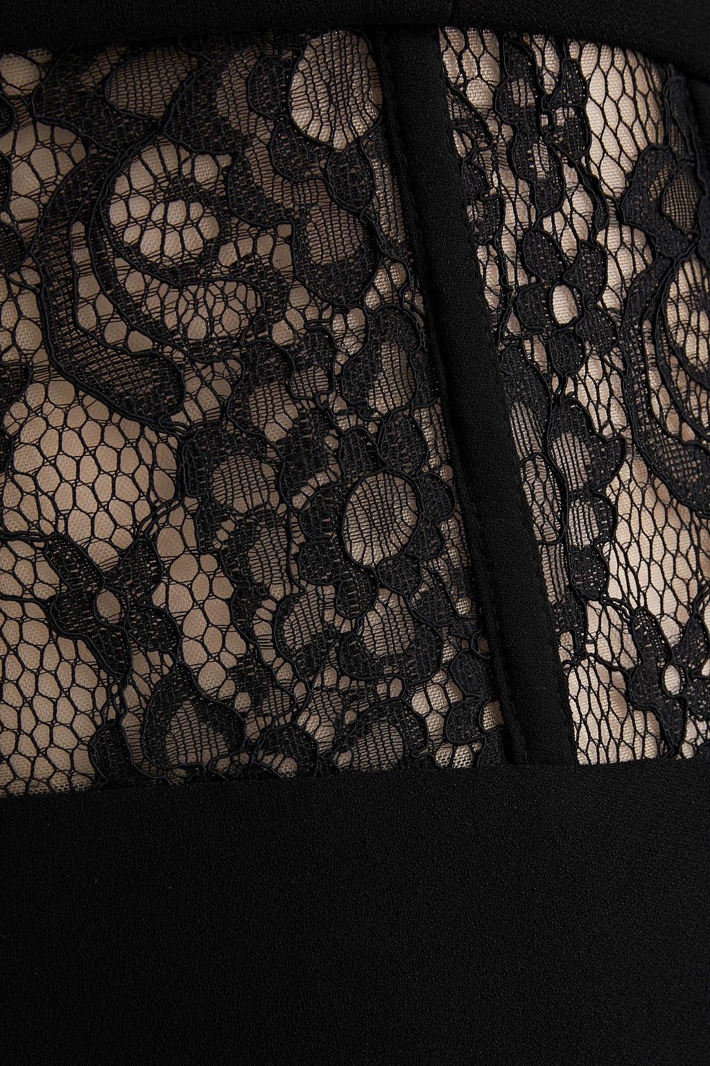 RASARIO Lace-paneled strapless crepe midi dress