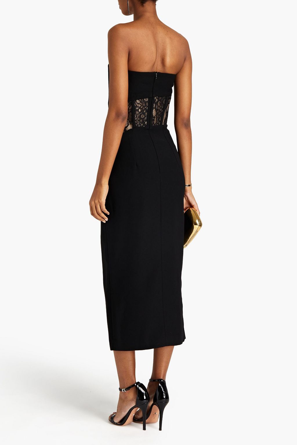 RASARIO Lace-paneled strapless crepe midi dress