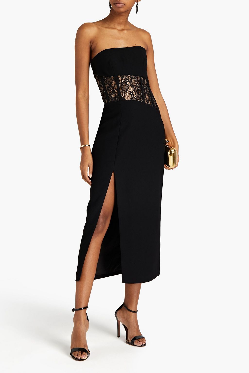 RASARIO Lace-paneled strapless crepe midi dress