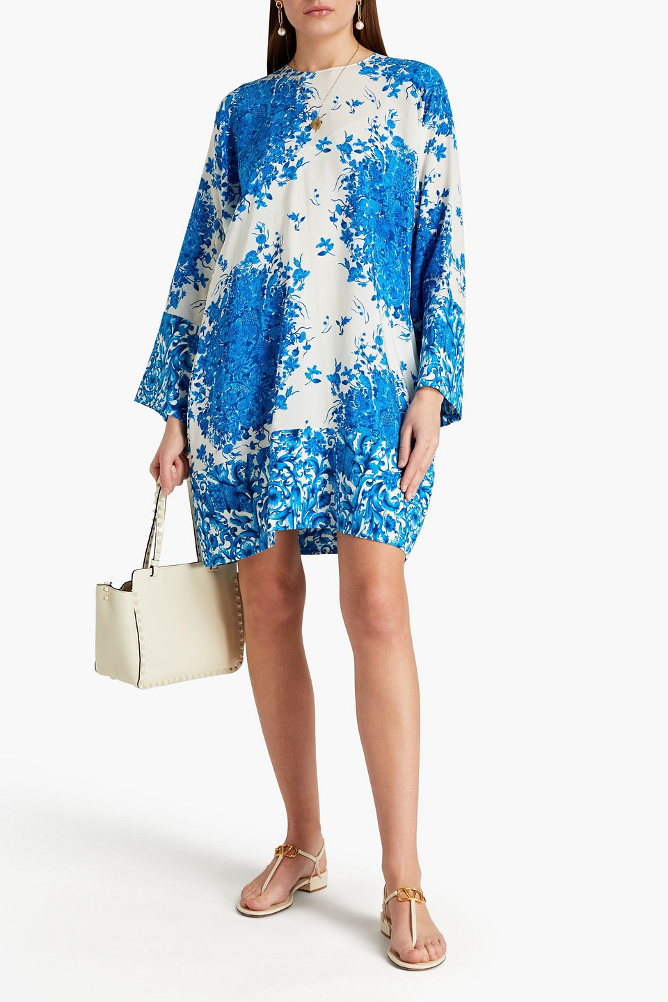 Valentino Paneled Printed Silk Crepe De Chine Mini Dress In Blue