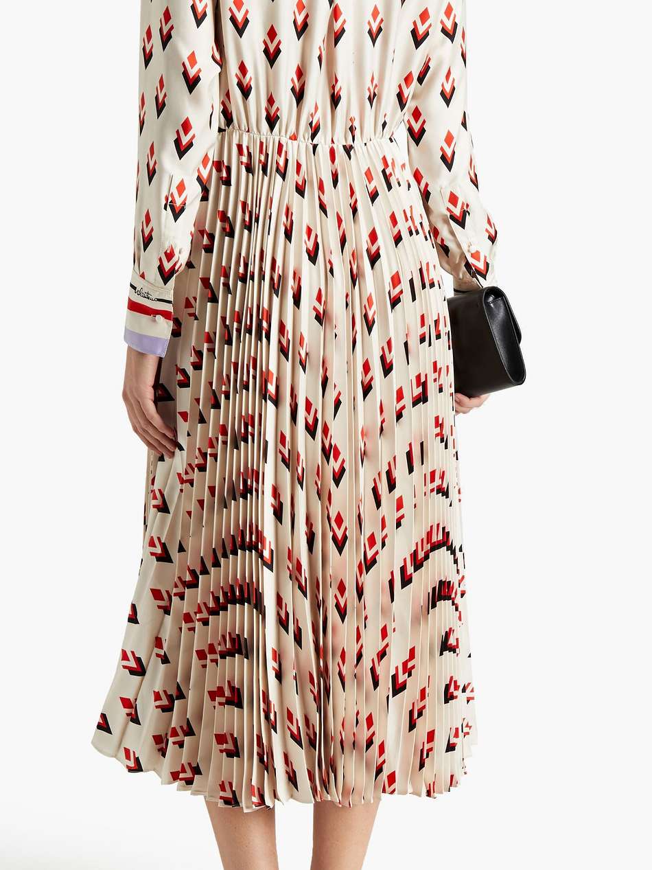 pussy-bow pleated printed silk-twill midi dress