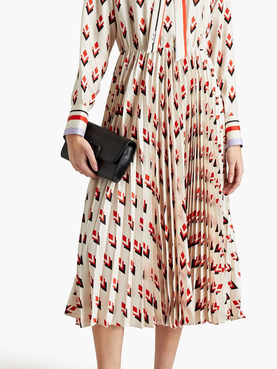 pussy-bow pleated printed silk-twill midi dress