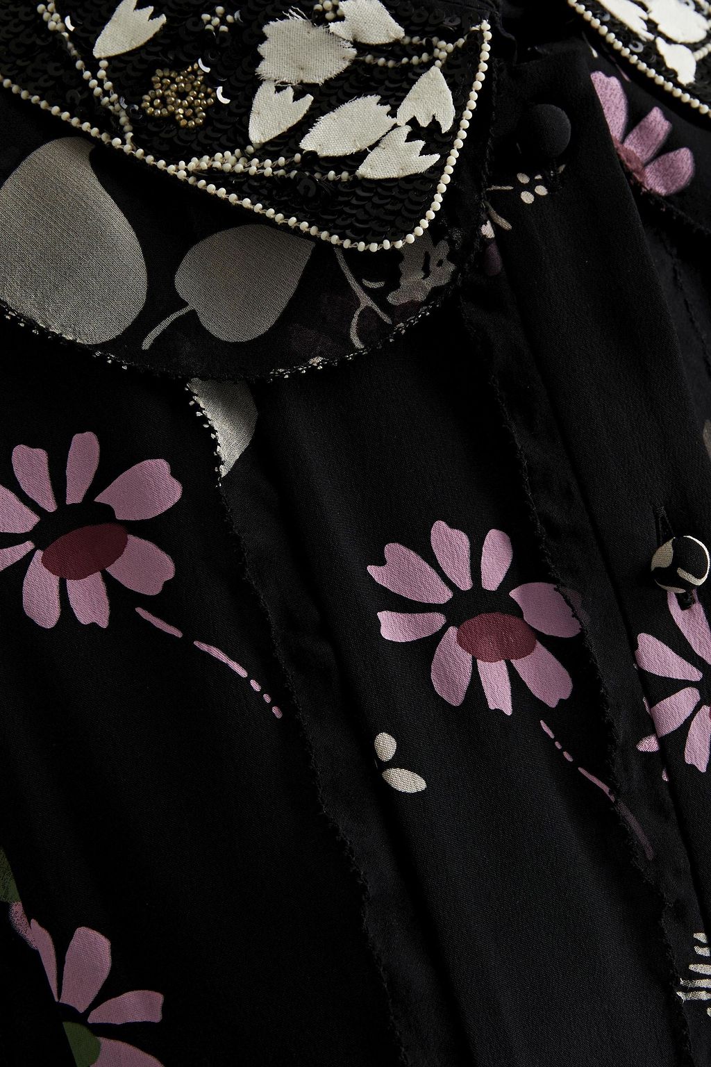 VALENTINO GARAVANI Appliquéd pleated floral-print silk crepe de chine dress