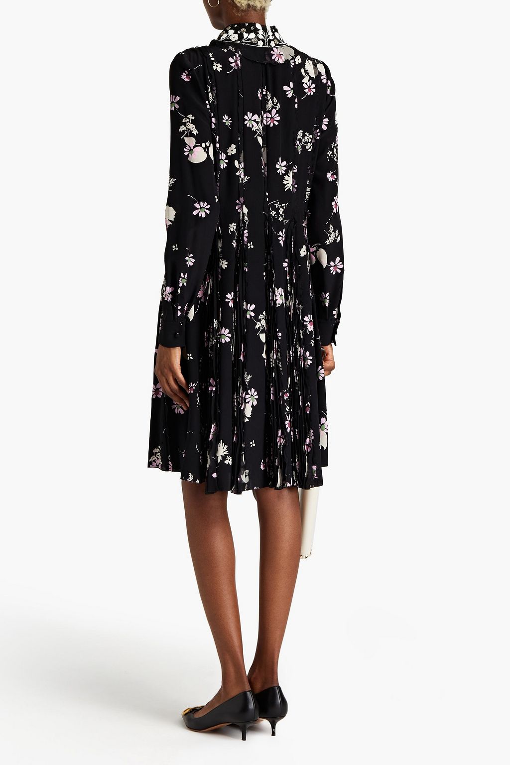 VALENTINO GARAVANI Appliquéd pleated floral-print silk crepe de chine dress