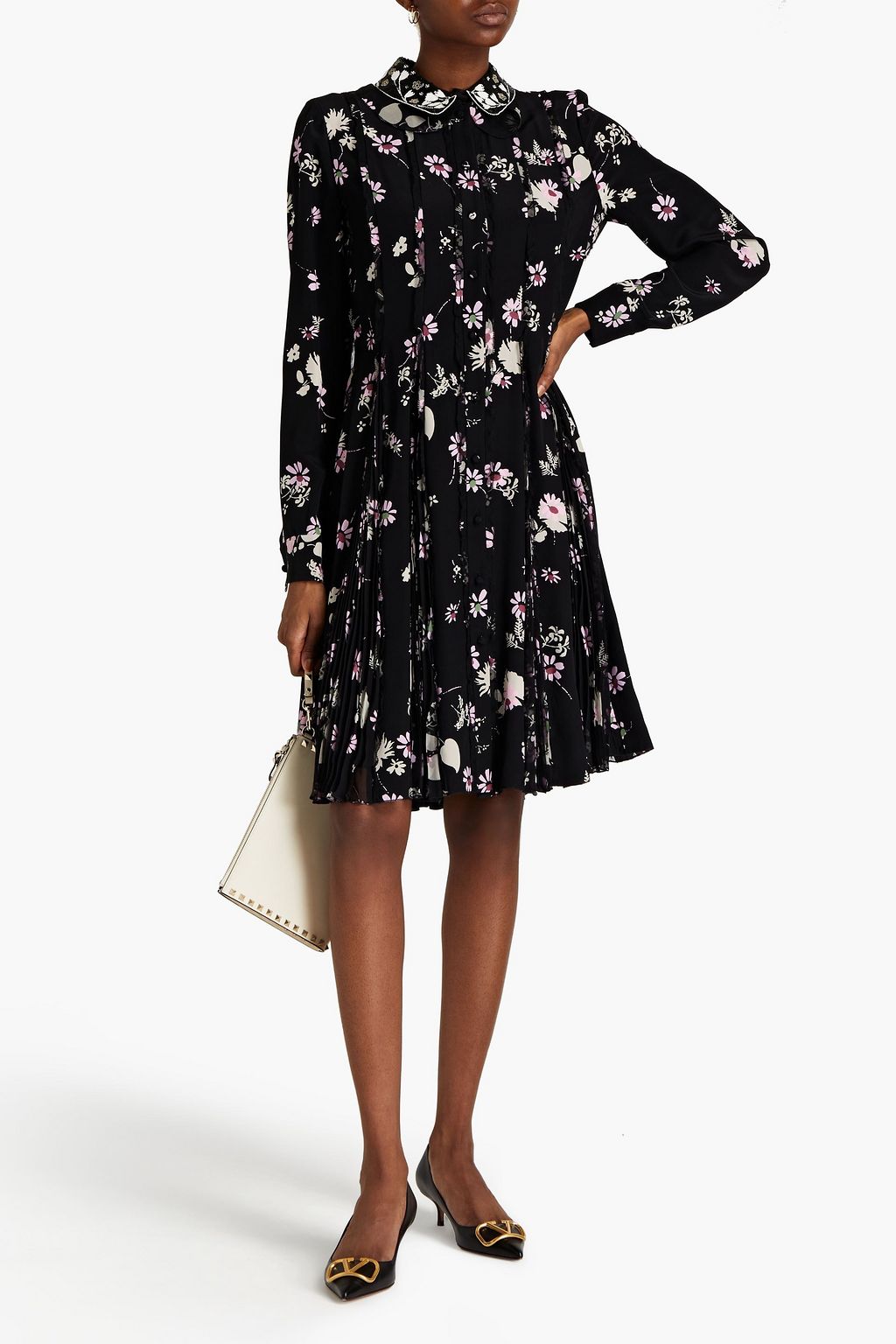 VALENTINO GARAVANI Appliquéd pleated floral-print silk crepe de chine dress