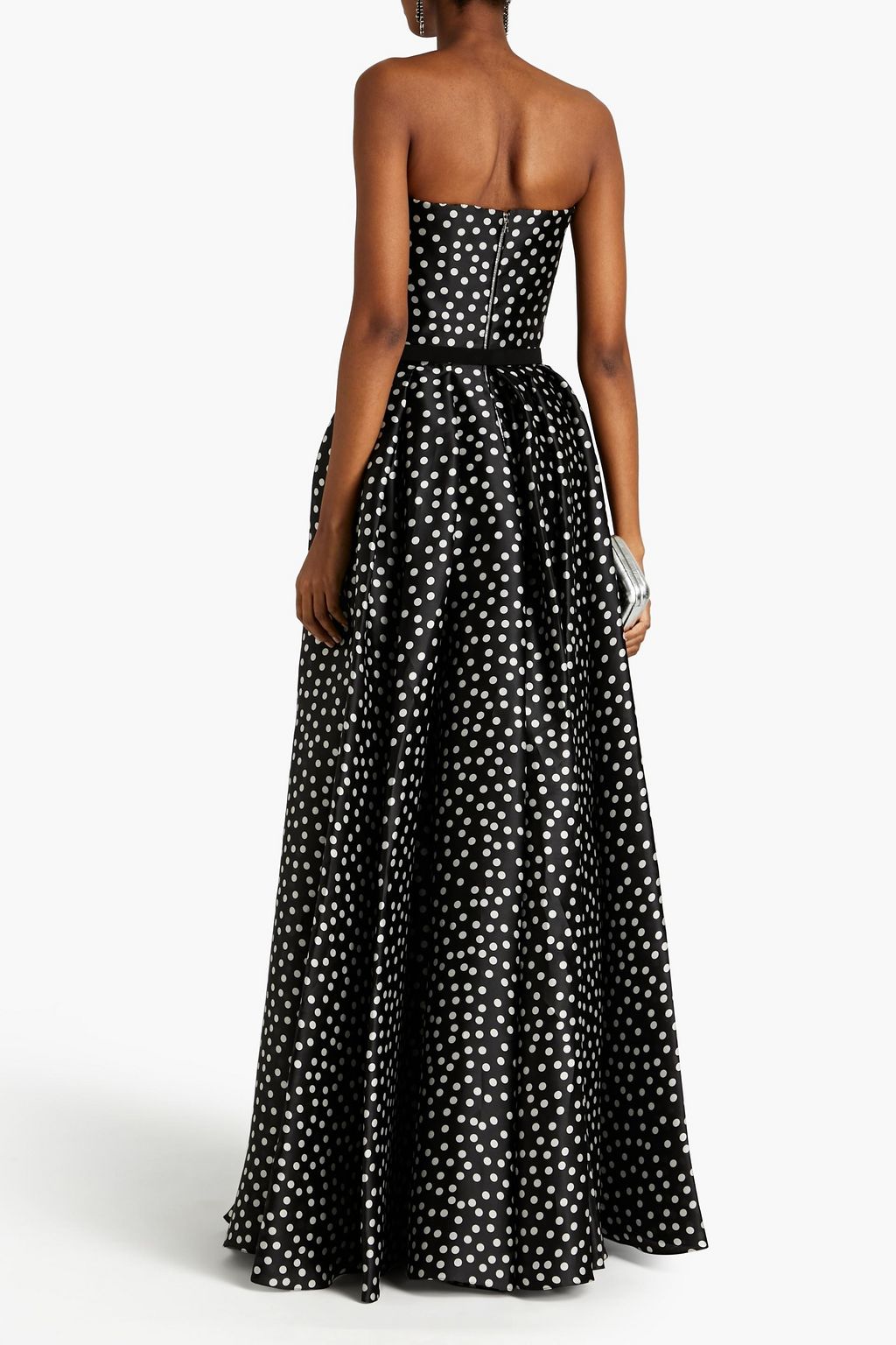 RASARIO Strapless pleated polka-dot silk-organza maxi dress
