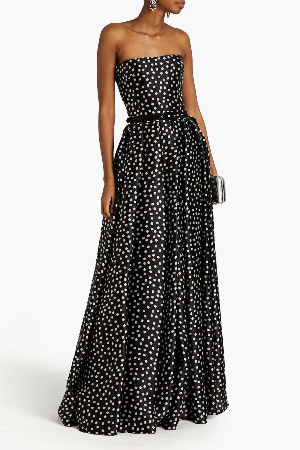 RASARIO Strapless pleated polka-dot silk-organza maxi dress