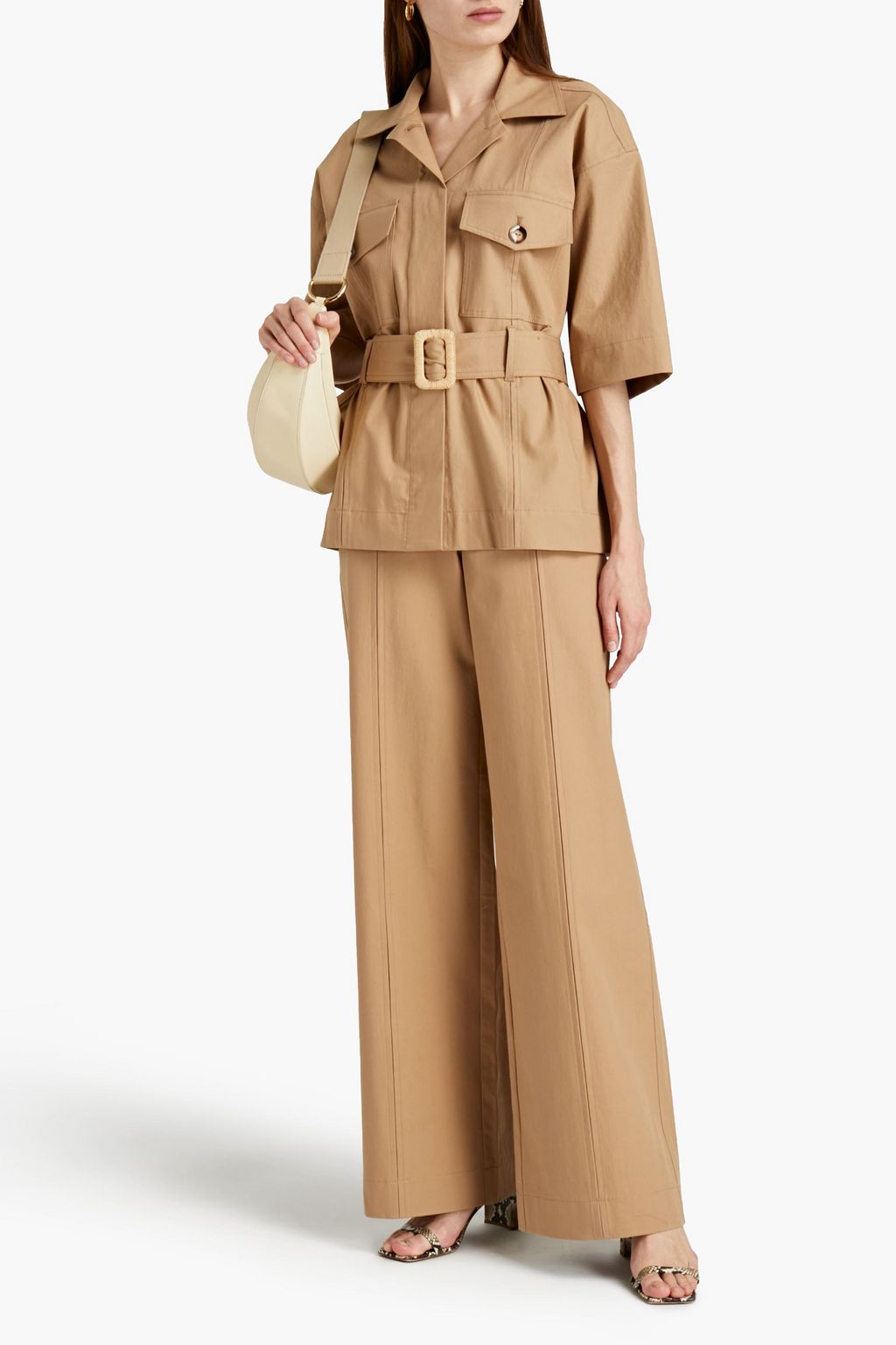 NANUSHKA Daino belted pleated stretch-cotton twill shirt