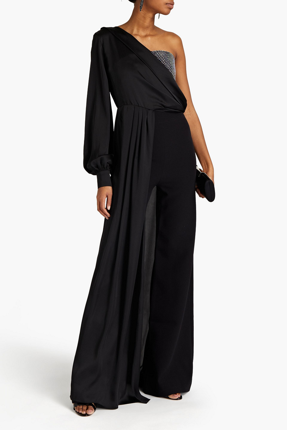Safiyaa One-shoulder Embellished Stretch-crepe And Charmeuse Jumpsuit In Black