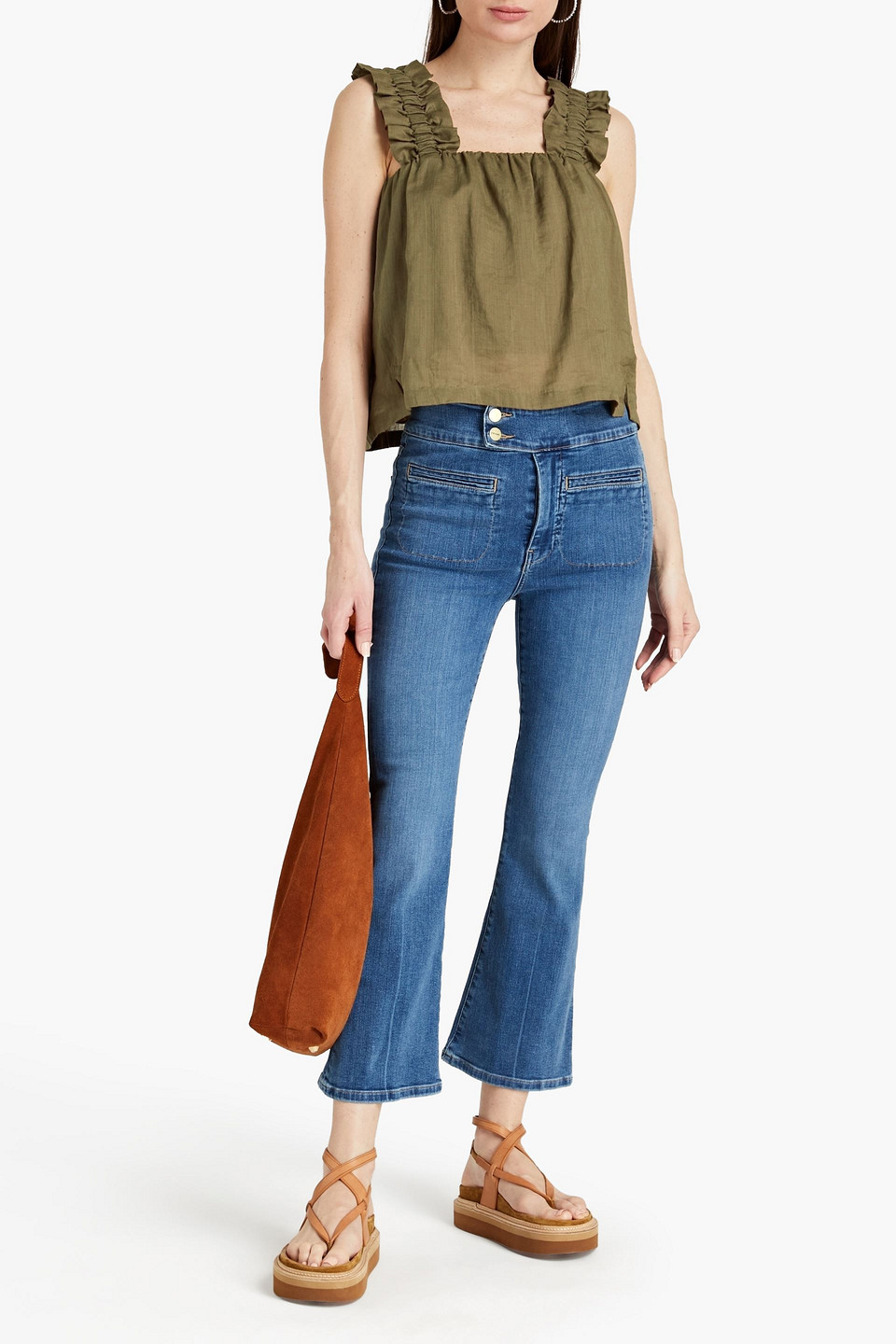 Frame Cropped Ruffled Ramie-voile Top