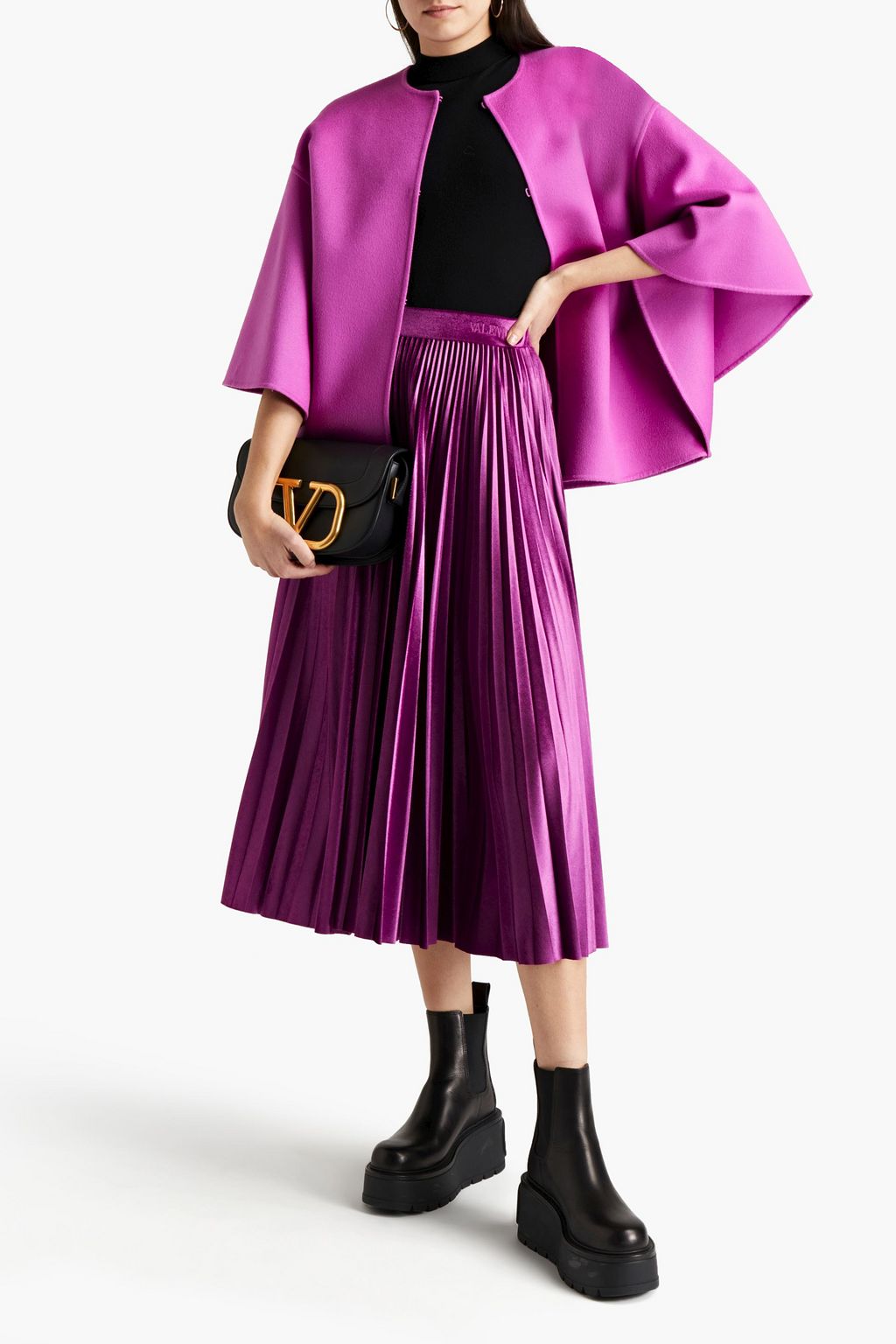 VALENTINO GARAVANI Pleated stretch-velvet midi skirt
