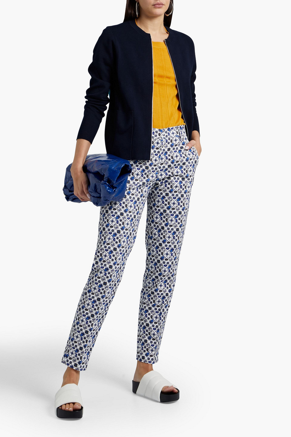 Ps By Paul Smith Printed Silk Crepe De Chine-paneled Cotton Cardigan In Midnight Blue