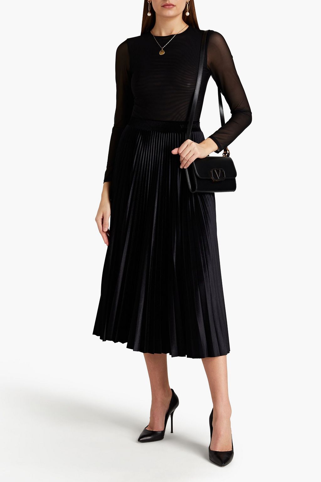 VALENTINO GARAVANI Pleated stretch-velvet midi skirt